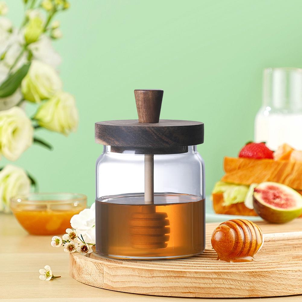 Стеклянная банка для меда с палочкой-дозатором и крышкой, 18 унций, герметичный диспенсер для сиропа, контейнер-горшочек для меда для домашней кухни