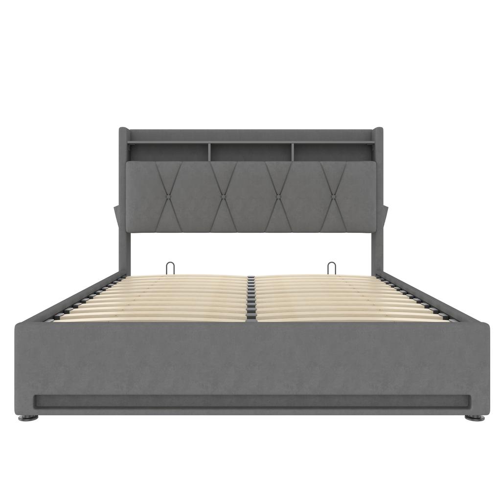 140 x 200cm Upholstered Bed Frame with LED Lighting, USB Type-C Charging and Under-Bed Storage, Hydraulic Storage Bed Frame, Grey, No Mattress