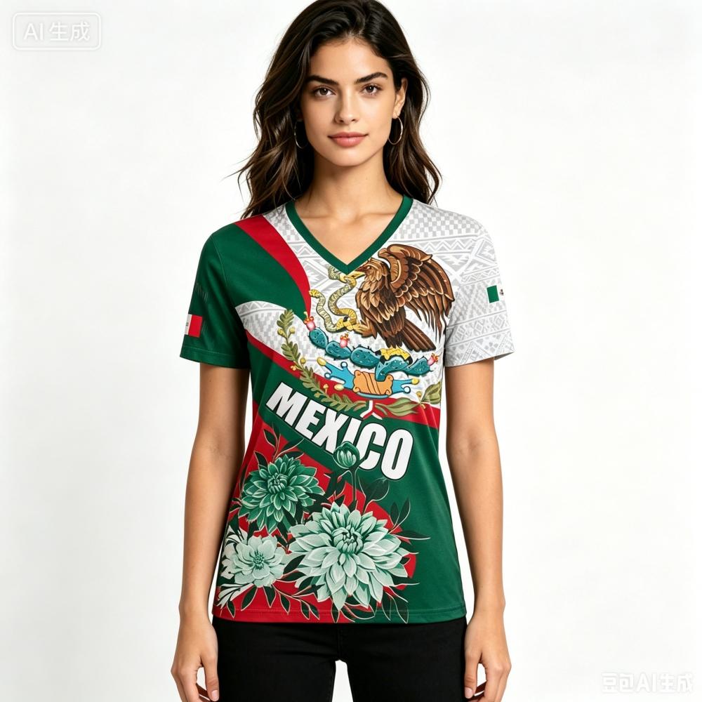 Fashion Mexico Eagle Print Women T-shirts Summer Loose V-neck Short Sleeve Tee Tops México National Flag Pattern Female Clothing