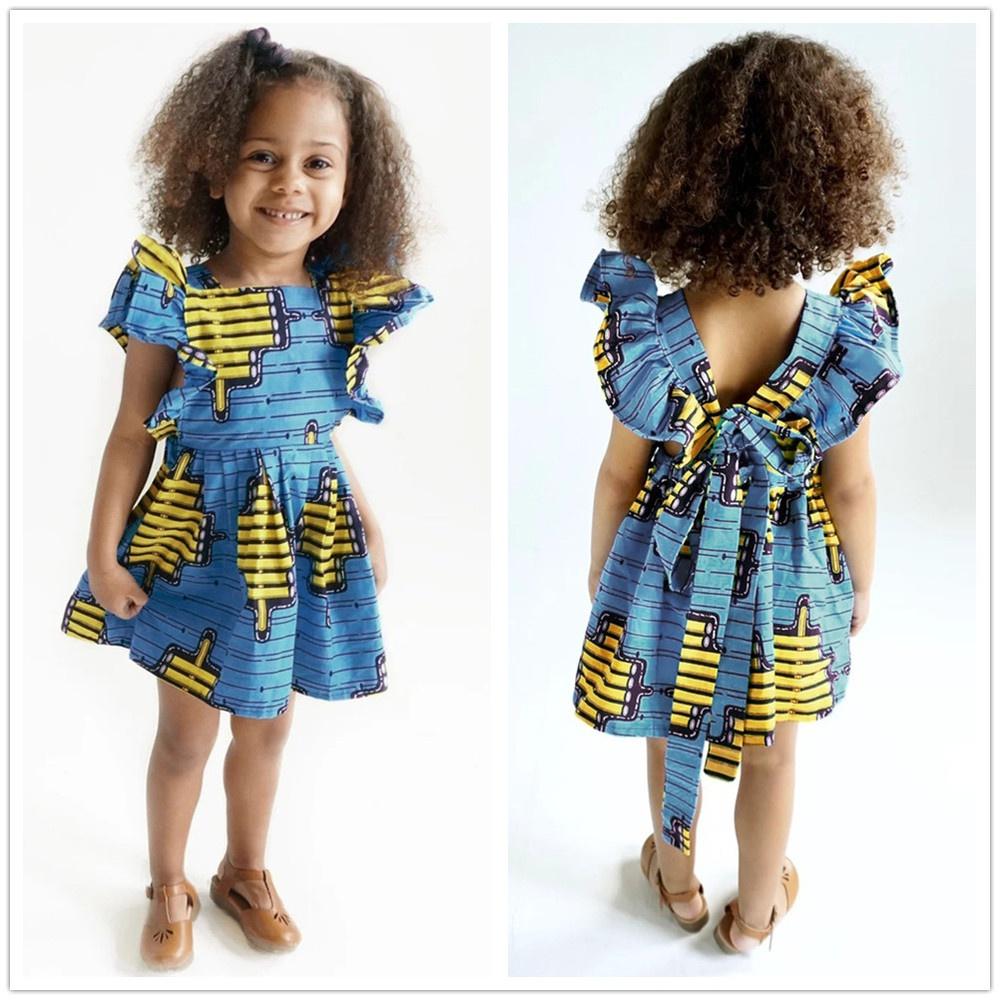 Одежда для маленьких девочек, платье в африканском стиле бохо с принтом, рюшами, рукавами и открытой спиной, для детей 1-6 лет