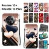 Handmade PU Leather Flip Case for Realme 13+ / Realme 13 Plus Anti-Slip Shockproof Cover with Wrist Strap & Heart/Rose Cat Designs