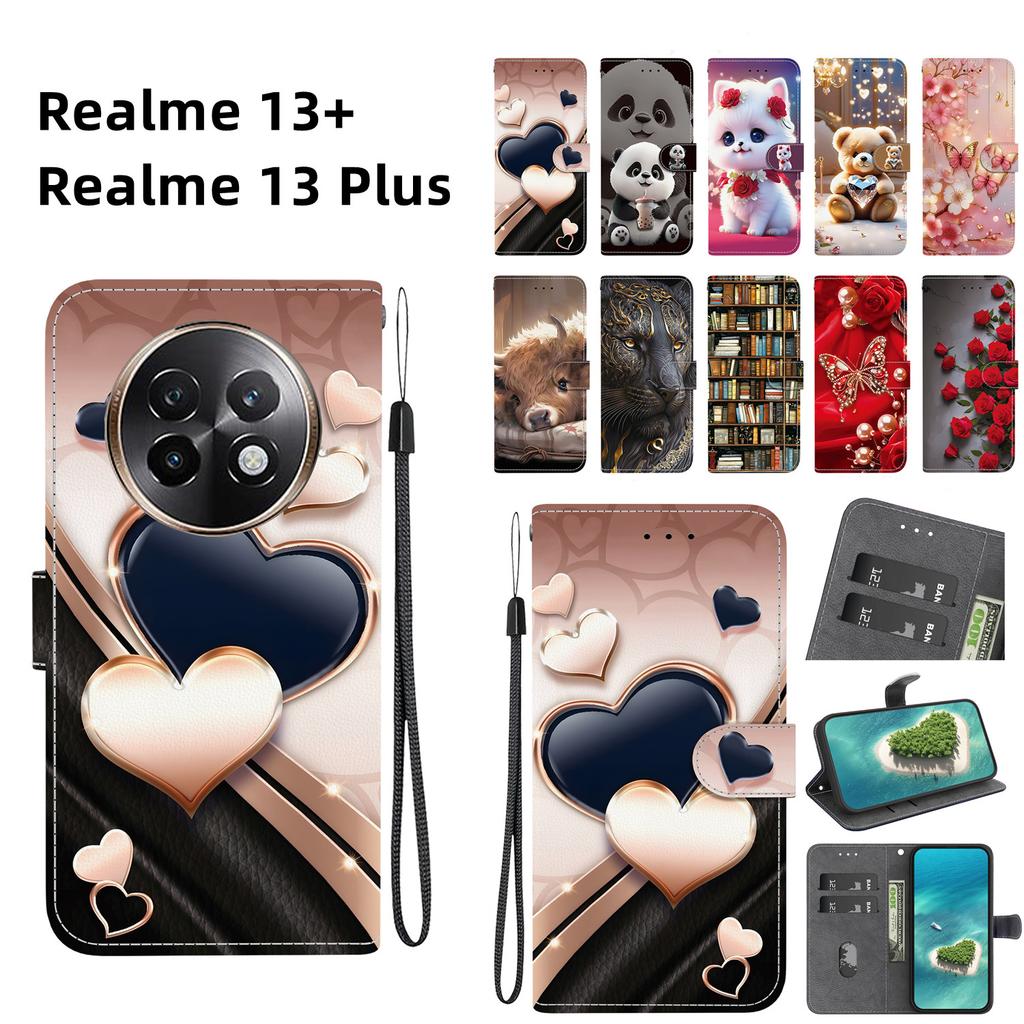 Чехол-книжка из искусственной кожи ручной работы для Realme 13+ / Realme 13 Plus, противоскользящий противоударный чехол с ремешком на запястье и дизайном в виде сердечка/розы/кошки