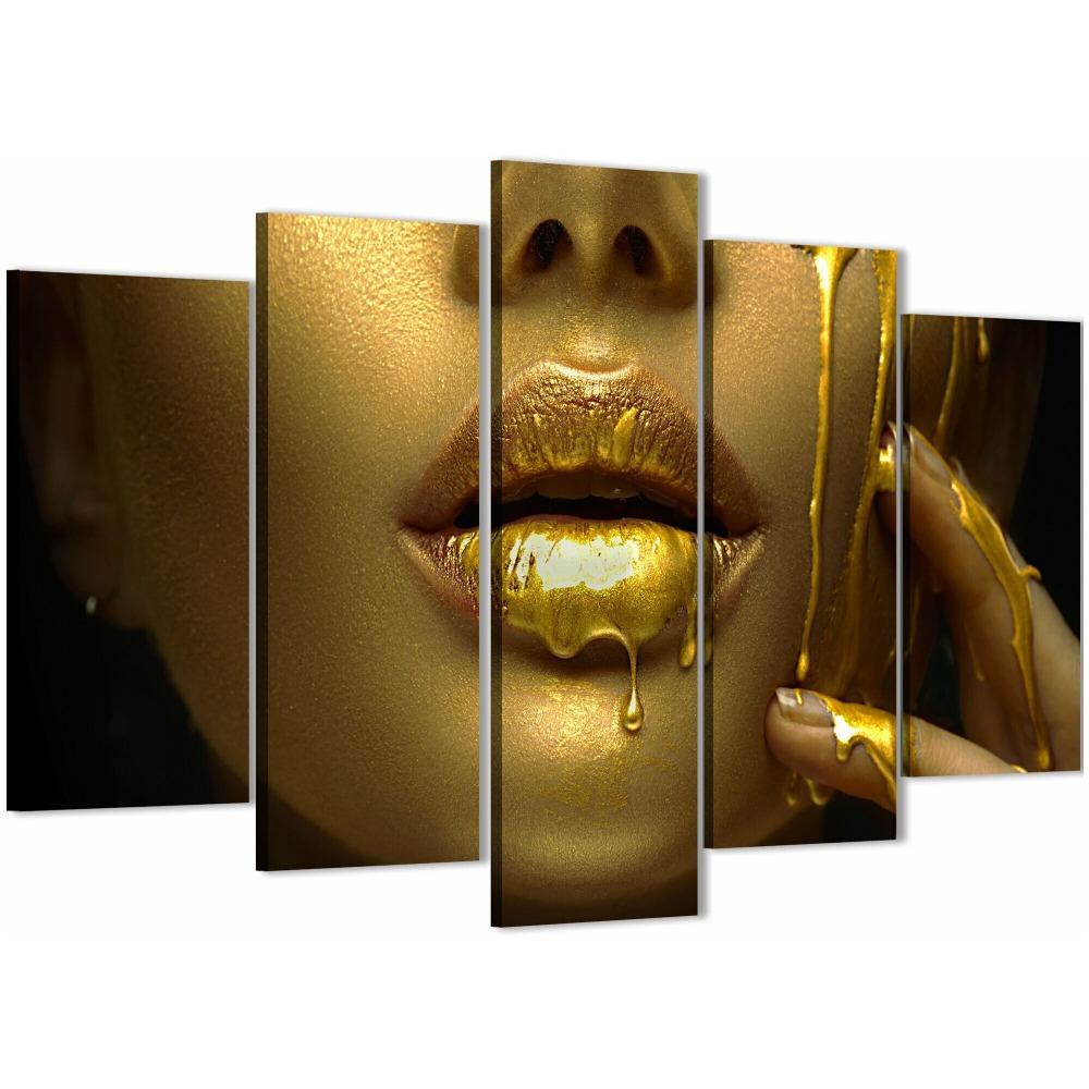 Набор из 5 предметов "Gold Bigold Lips" модульная настенная живопись на холсте, украшение для семейной гостиной