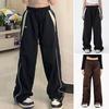 Women Casual Pants Elastic High Waist Straight Wide Leg Long Trousers Contrast Color Pockets Sport