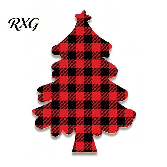 Waterproof Christmas Tree Ornaments Wooden Tabletop Decor, Plaid Polka Dots Xmas Wood Signs, Red Grid Pattern Decor Black Green Desktop Centerpieces