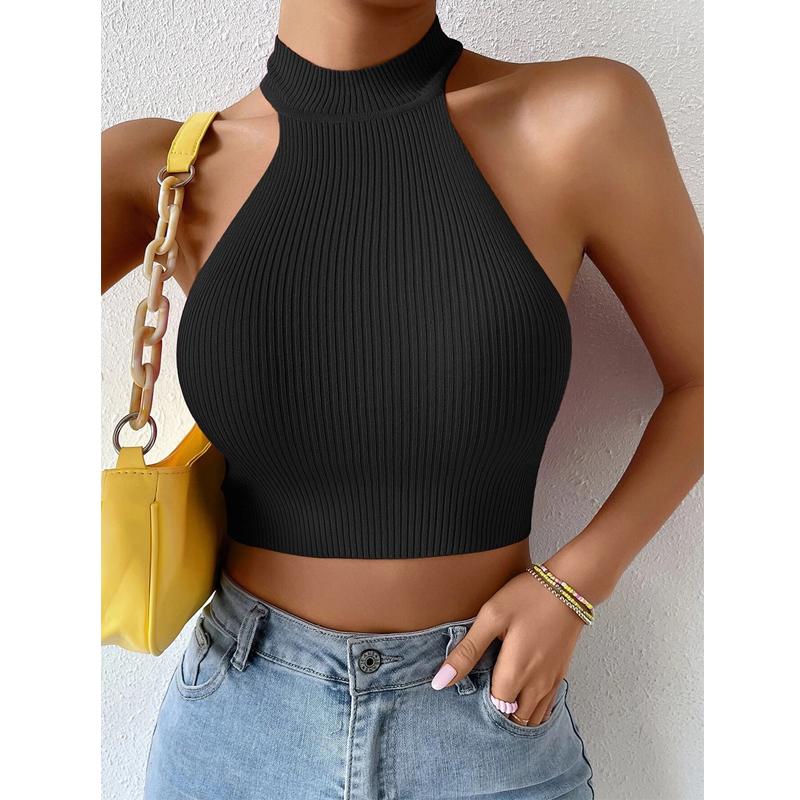 Летний женский базовый свитер, топы на бретелях, женский повседневный вязаный свитер в рубчик без рукавов, женский эластичный укороченный топ на бретелях, укороченный топ с лямкой на бретельках