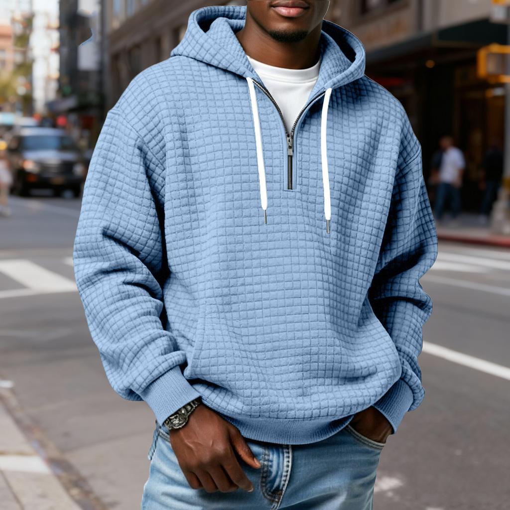 Мужской худи-пуловер в клетку с капюшоном на молнии до середины, со шнурком, повседневная спортивная толстовка