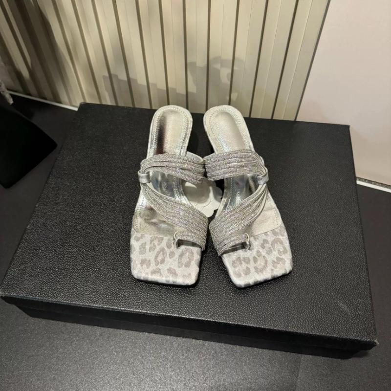 Fashion Leopard Women High Heels Slippers Crystal Square Toe Heeled Sandals Summer Clip Toe Shoes 2025 Fashion New Dress Party Pumps
