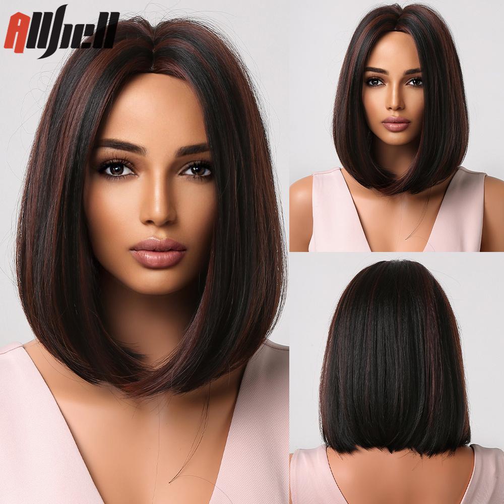 Short Black Bob Synthetic Wigs for Women Middle Part Straight Hair Heat Resistant Wigs African Female Natural Daily Party Use