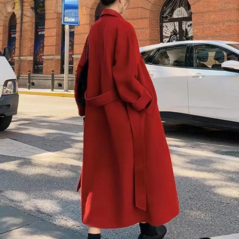 Winter Trench Coat For Women Elegant Fashion Korean Casual Thick Wool Coat Red Lace-up Long Jacket Black Woman Coat With Blet