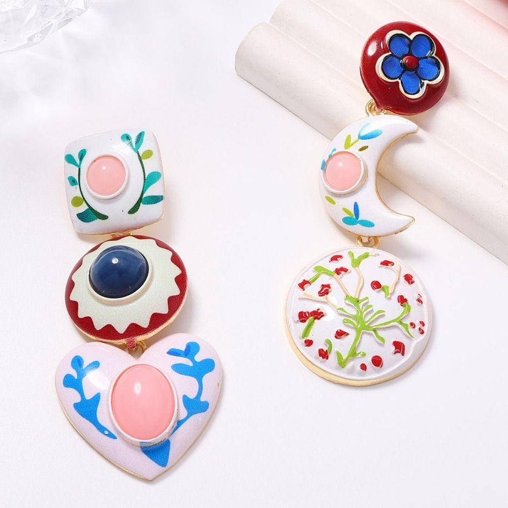 Creative Asymmetrical Enamel Dangle Earrings Flower Bohemian Dangle Earring Holiday