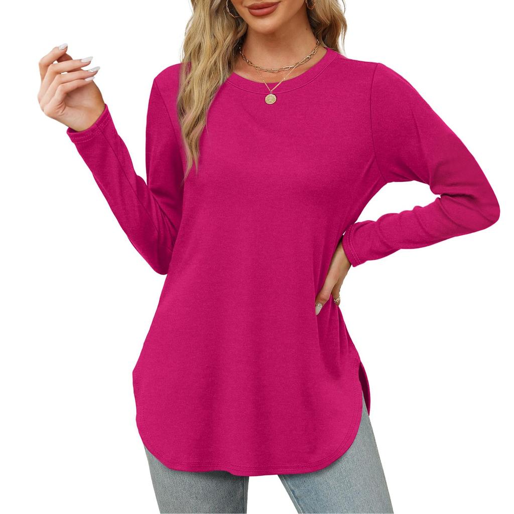 Womens Long Sleeve Round Neck Shirts Side Split Basic Loose Tunic Tops Casual Shirts