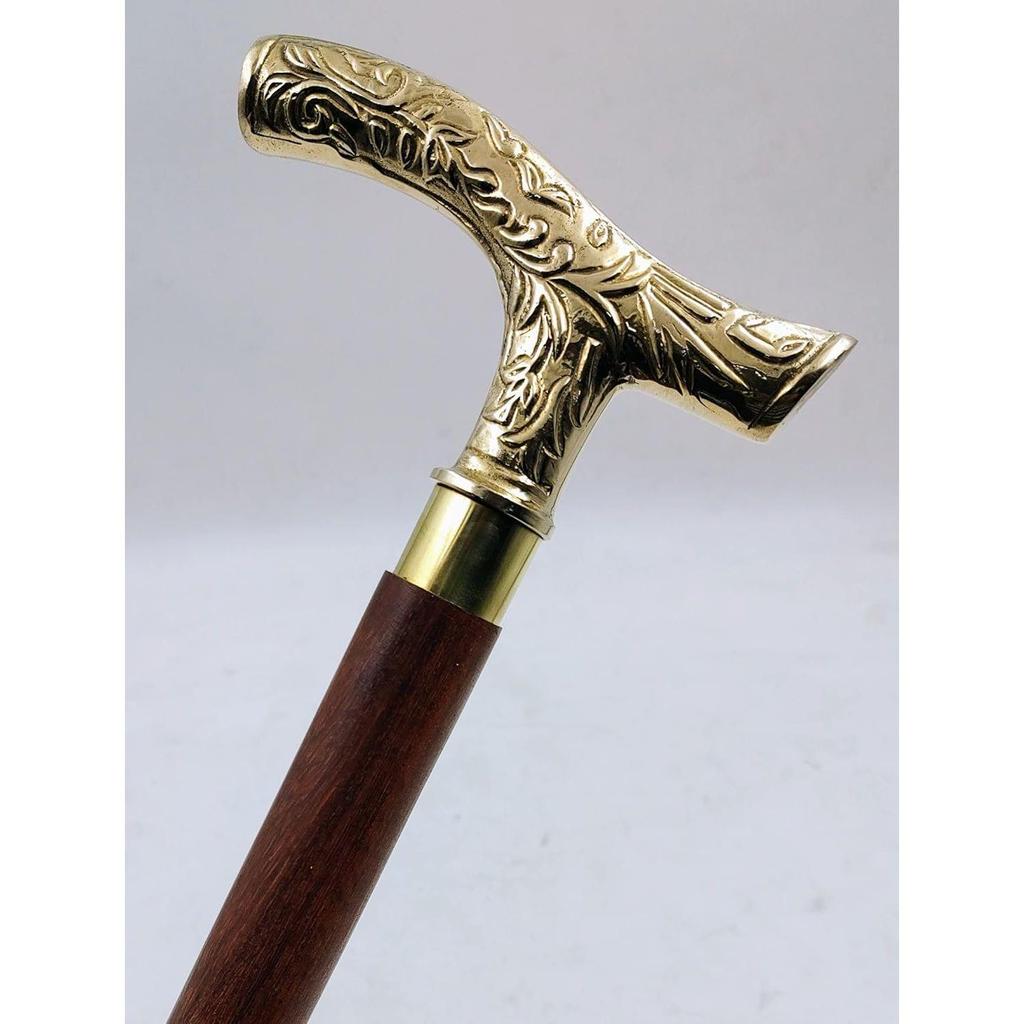 Brass Royal Handle Royal Special Carving Design Wood Walking Stick Cane 3 Fold Open Nautical Vintage Style