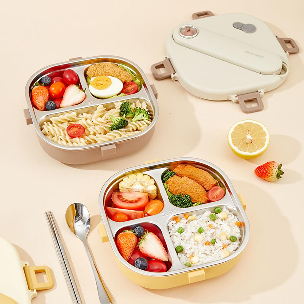 800Ml 304 Stainless Steel Divided Lunch Box With Cutlery Microwave 3/4 Grids Leak Proof Large Capacity Lunch Container