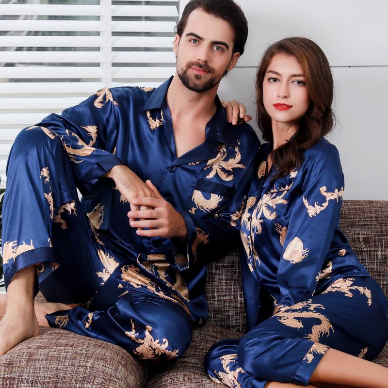 Men's Stain Silk Pajama Set Men Dragon Printed Soft Cozy Satin Nightgown Women Couples Sleepwear for Male