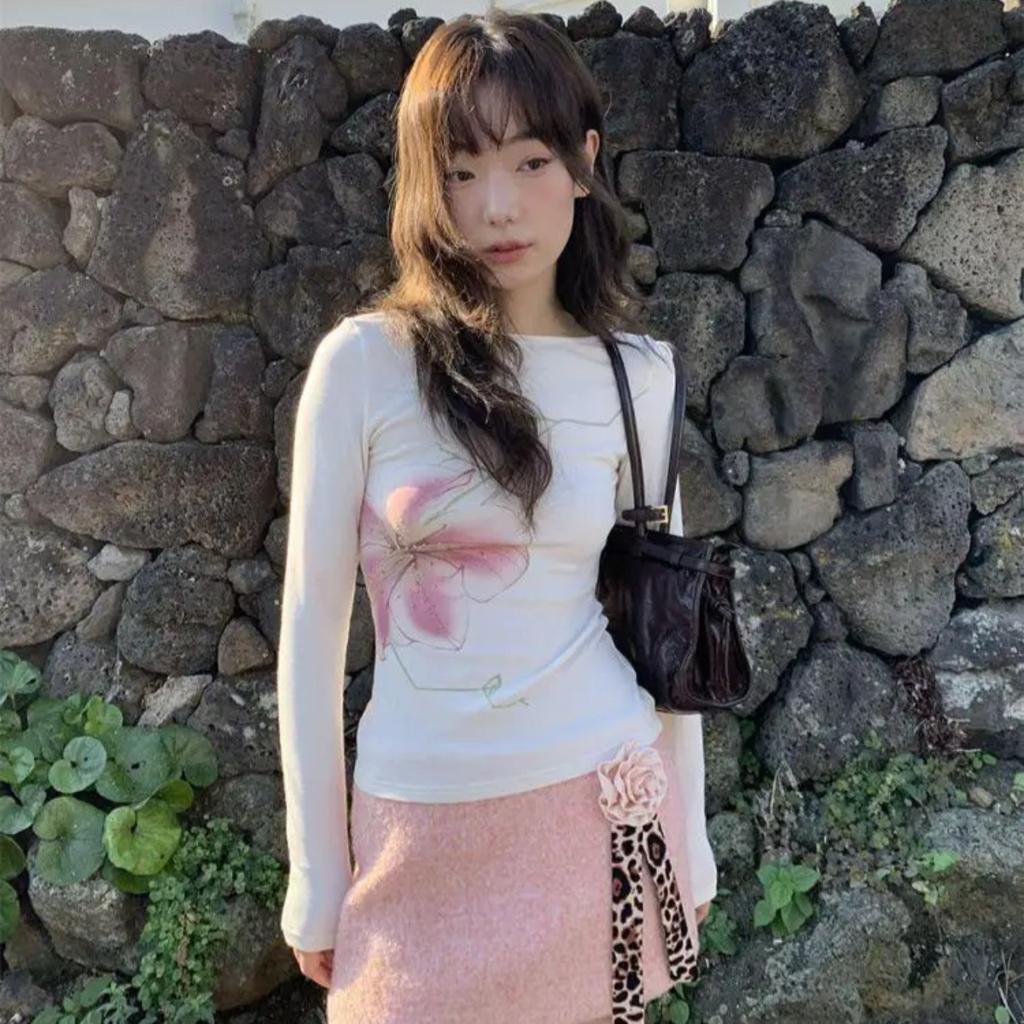 Женская футболка Y2K Fairycore с длинным рукавом и цветочным графическим принтом