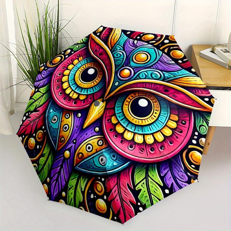 1pc Colorful Owl Mandala Folding Umbrella With Excellent UV Protection, 8 Ribs Casual Durable Lightweight Portable Travelling Umbrella For M