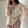 HOUZHOU Hollow Out Tops Women Vintage Elegant Casual Round Neck Streetwear Chic Loose Sweaters Pullovers Trend