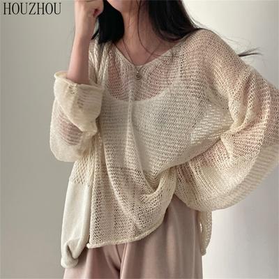 HOUZHOU открытые топы, женские винтажные элегантные повседневные уличные свитера с круглым вырезом, шикарные свободные свитера, трендовые пуловеры
