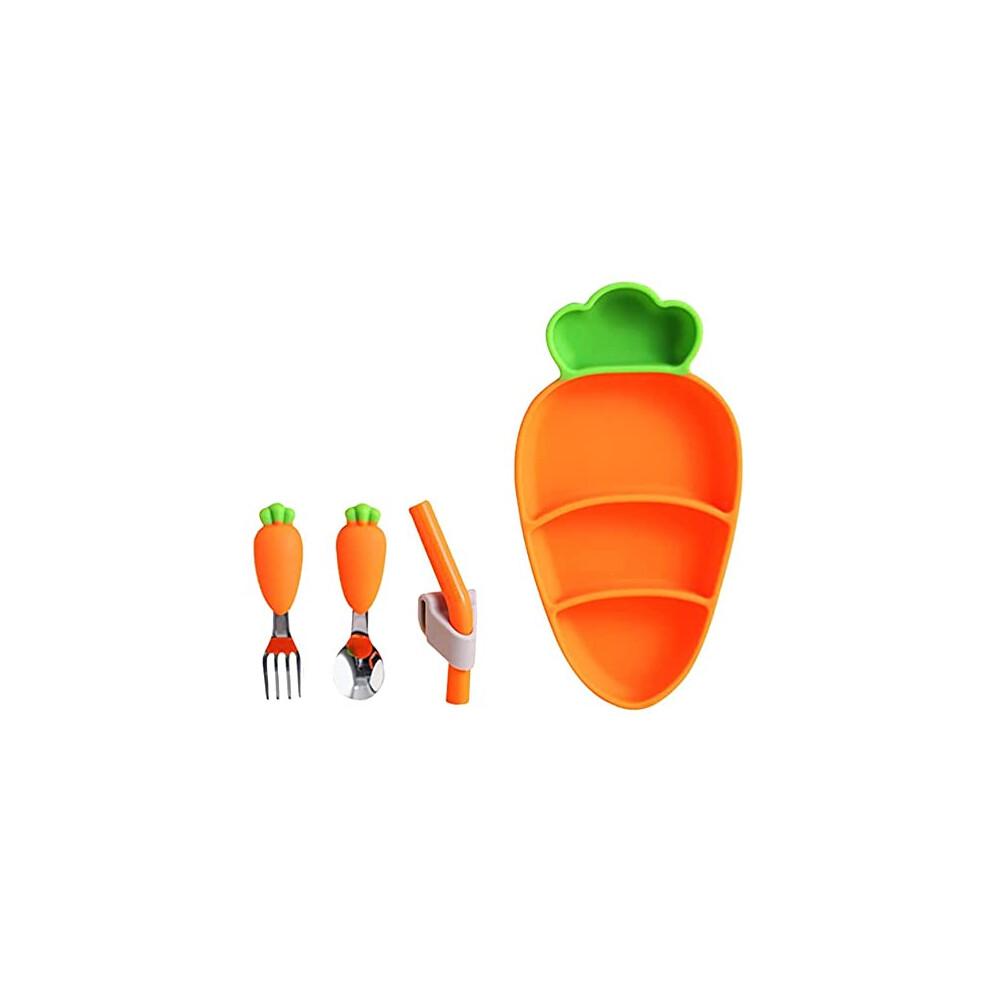 Baby Plates - Carrot Silicone Toddler Plates with Non-Slip Suction, Portable Feeding Set with Spoon, Fork, and Straw for Children