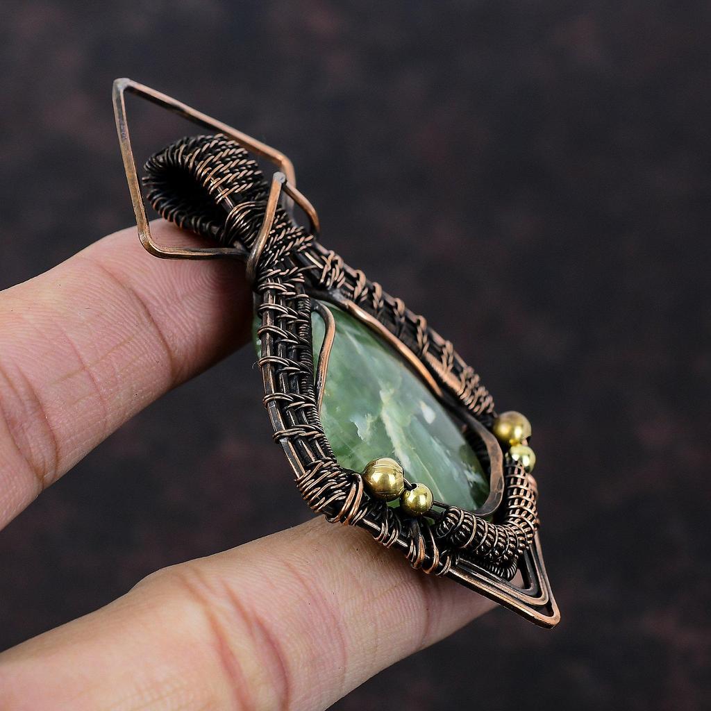 Подвеска из пренита, подвеска из медной проволоки, подвеска ручной работы, ювелирные изделия из натурального драгоценного камня, этнический стиль, подвеска из медной проволоки, подарок для него
