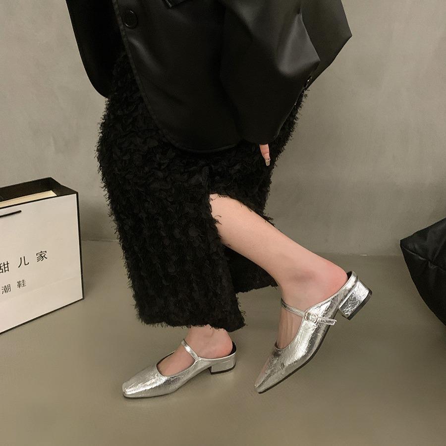 Silver Low-heeled Lazy Bag Head Half Slippers Women's Shoes Wear 2025 New Spring and Summer Half-support Single Shoes