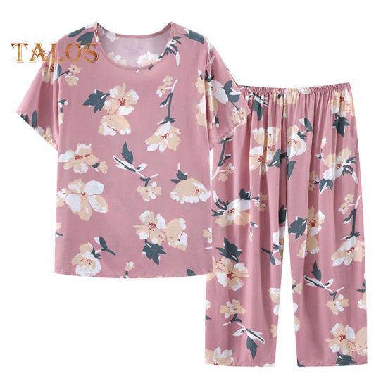 МОДНЫЙ комплект пижамы для женщин среднего возраста с круглым вырезом и цветочным принтом, с коротким рукавом, эластичной талией, плиссированный, свободный, тонкий, с широкими штанинами, мягкий, для мамы и бабушки, топ для сна