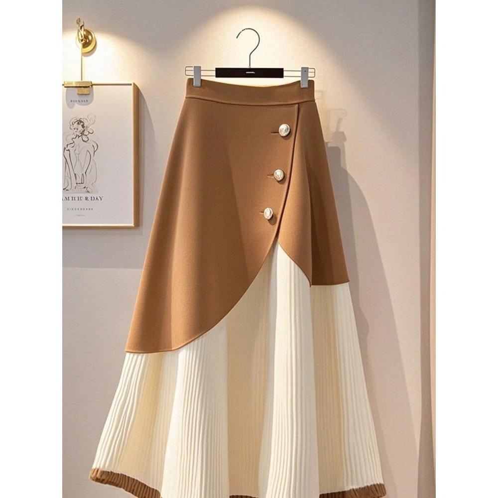 Элегантная вязаная миди-юбка цвета хаки - Зима 2025 Трендовая А-силуэта с высокой талией