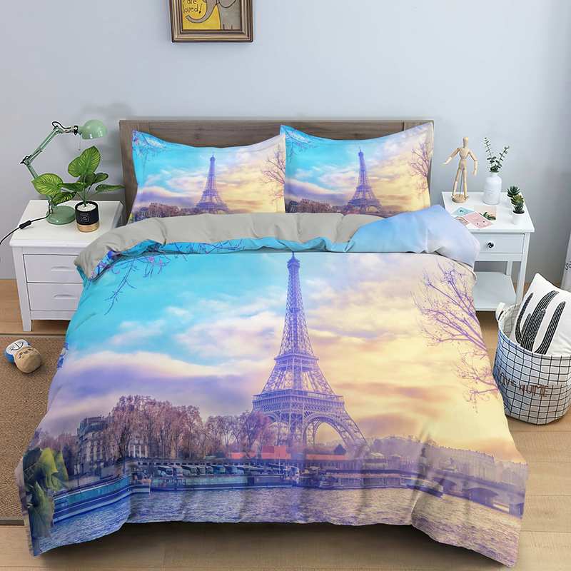 Paris Tower King Queen Duvet Cover Famous Buildings In France Bedding Set For Adults Pink Romantic 2/3pcs Polyester Quilt Cover