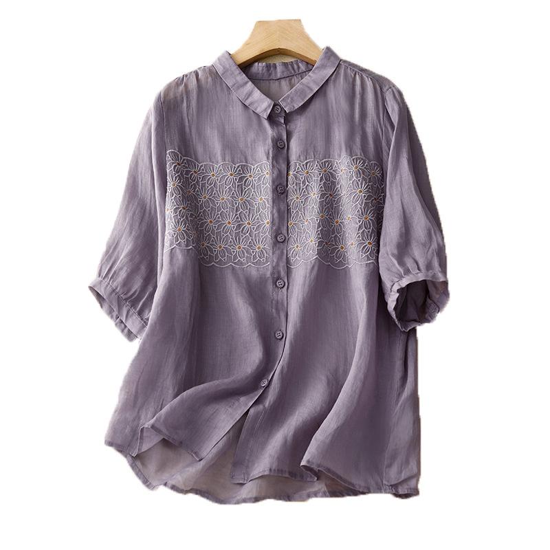 Summer Artistic Loose Embroidery Flower Cotton Linen Short Sleeved Shirt Women's Shirt Top