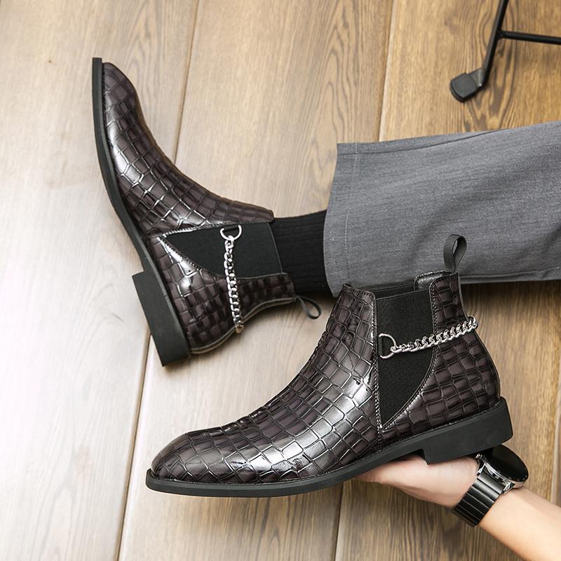 Мода Новая Мода Ботинки Челси Мужские Кожаные Ботинки Металлическая Цепь Декоративные Ботинки Роскошные Деловые Слипоны Крокодилы Серые Ботильоны