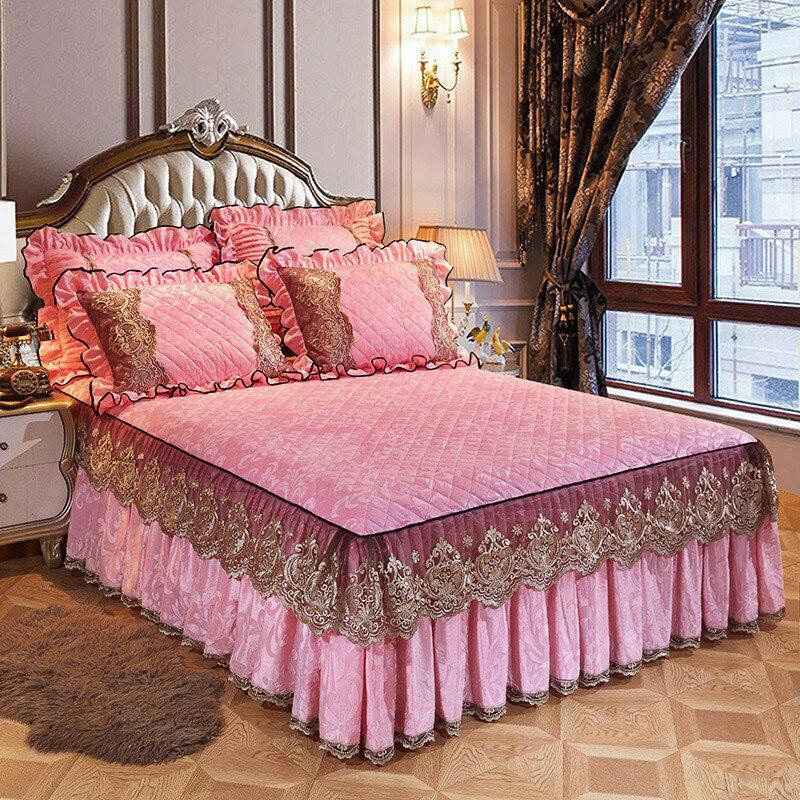 Кружевное бархатное покрывало King Size, стеганая юбка с рюшами, эластичное покрывало для кровати размера «queen-size», наволочки, мягкие и теплые европейские 3 шт.