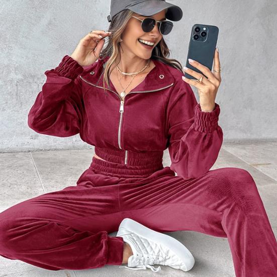 Комплект из 2 предметов: пальто и брюки, отложной воротник, длинный рукав, эластичный подол, золотистый бархат, куртка с высокой талией, брюки с резинкой на щиколотке, спортивный костюм для фитнеса