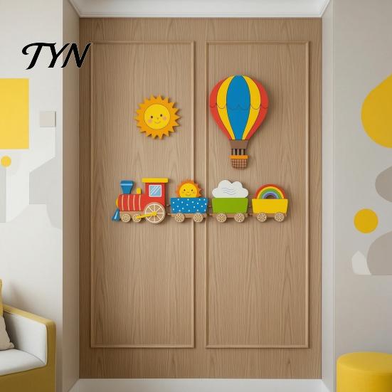 Non Damaging Wall Decor 4Pcs Cartoon Train Hot Air Balloon 3D Wooden Decor, Colorful Kids Lightweight Wood Signs Room Hanging, Nursery Educational
