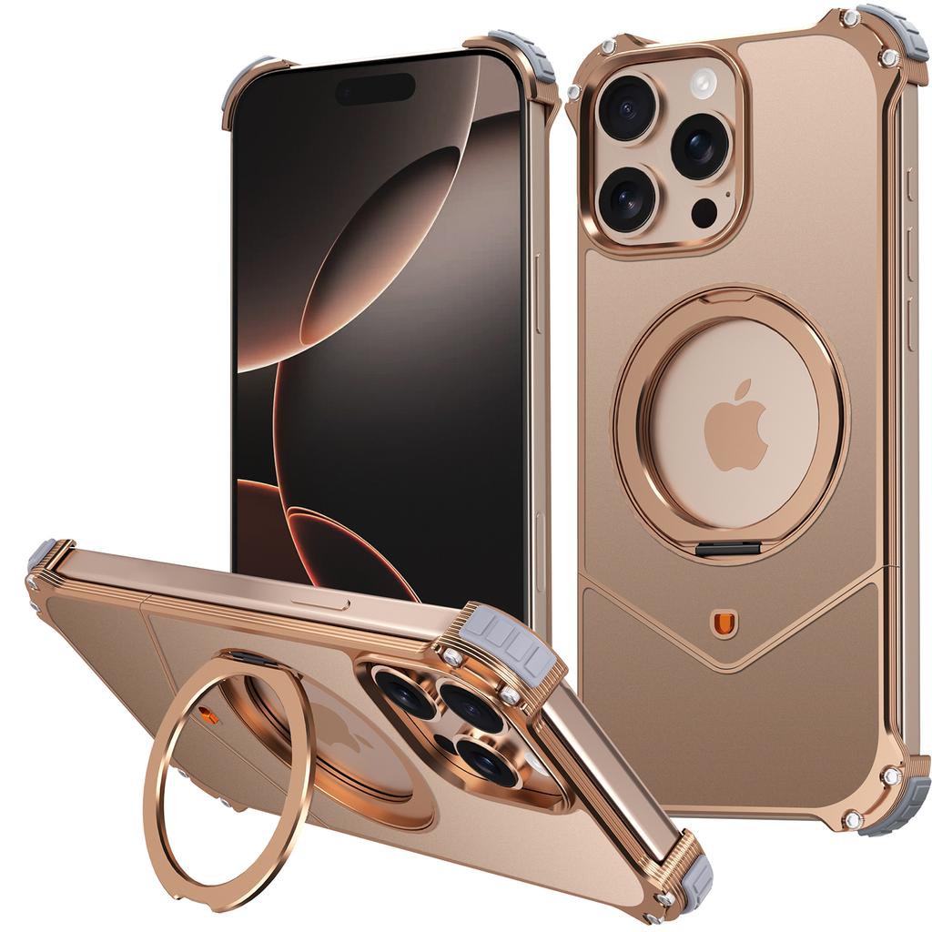For iPhone 15 Pro Max Case PC+Metal Boardless Phone Back Cover with Kickstand