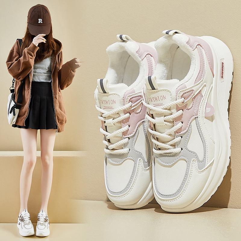 Женские зимние повседневные кроссовки на толстой платформе, нескользящие, удобные, для ходьбы, с подкладкой из искусственного меха, со шнуровкой, теплые кроссовки для бега, теннисная обувь для женщин