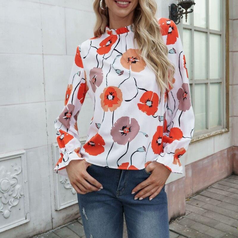 Весенние расклешенные топы с длинными рукавами, элегантная офисная женская рубашка с рюшами, модная блузка с цветочным принтом, женская одежда Blusas De Mujer 25720