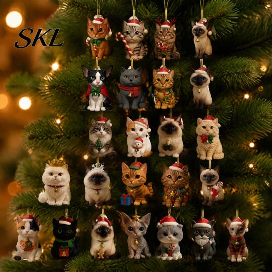 Cute Christmas Pendant Set Advent Calendar for Cat Lovers, 24 Day Countdown Box with Souvenir Collection Acrylic Pendants, Festive Tree Hanging Decor