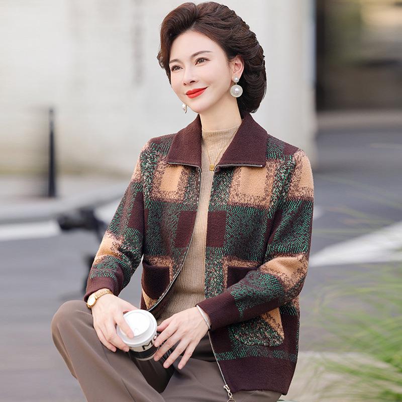 Клетчатый кардиган на молнии с лацканами из корейского бархата для женщин среднего и пожилого возраста – осенне-зимнее трикотажное пальто