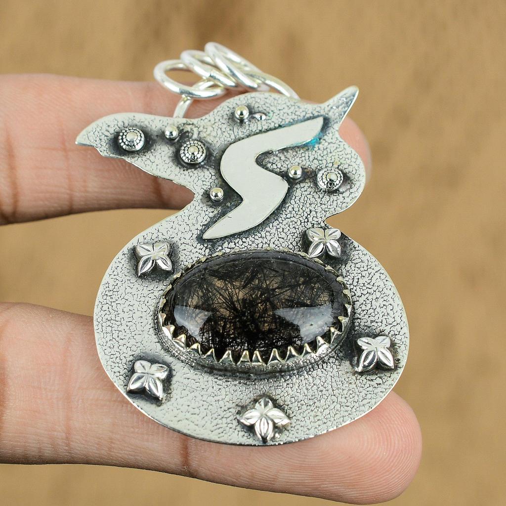 Wedding Gift For Her 925 Sterling Silver Natural Black Rutile Gemstone Pendant