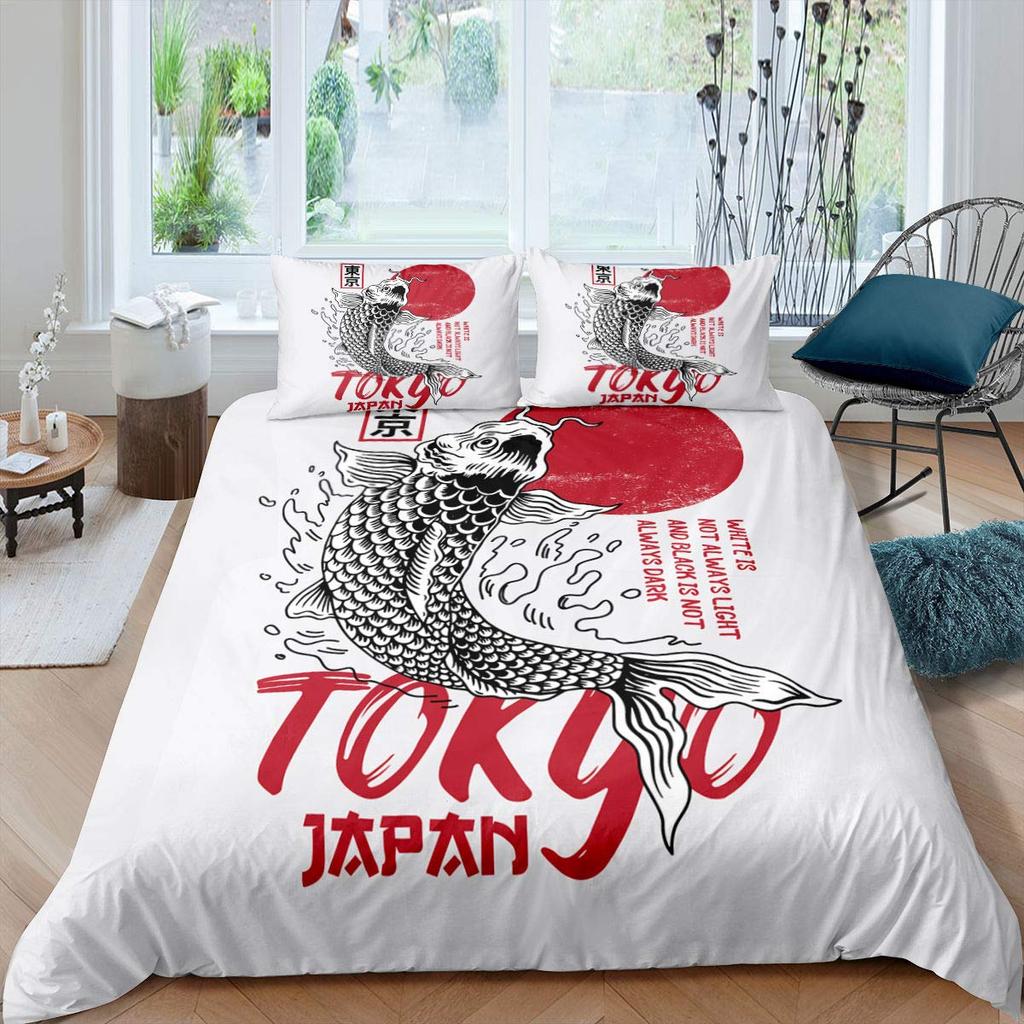 Японское Укиё-э Король Королева Пододеяльник Золотая Рыба Хокусай Постельный Комплект Журавль Волна Пододеяльник Красное Солнце Полиэстер Чехол для Одеяла