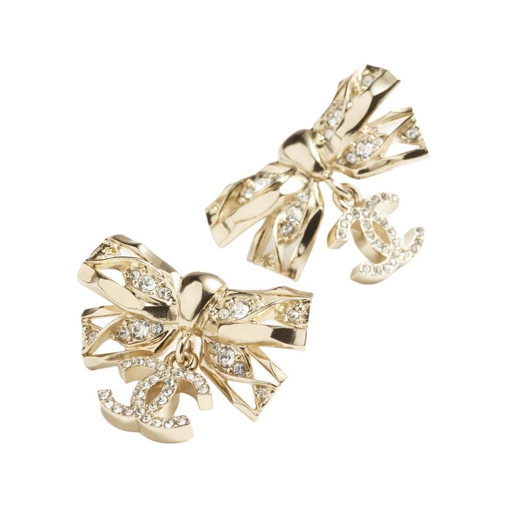 Chanel Bow Double C Pendant Metal Rhinestone Earrings Women earrings Gold ABE201-B16786-NY394