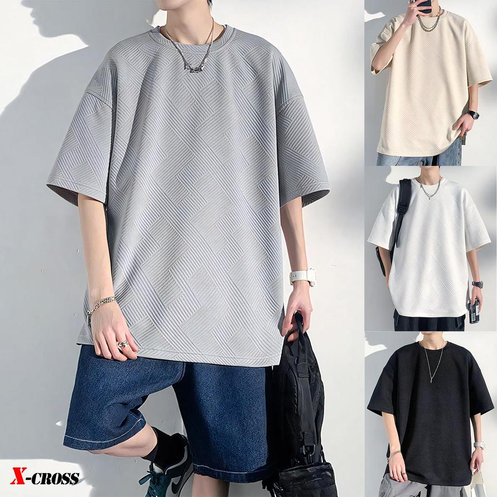 Рукав Однотонный Свободный Круглый Большой Круглый Корейский Уличный Короткий Простой Серый Икс-образный Мужская Футболка 3/4, Цвет, Посадка, Непрозрачный, Стильный, Оверсайз, Горловина, Силуэт,