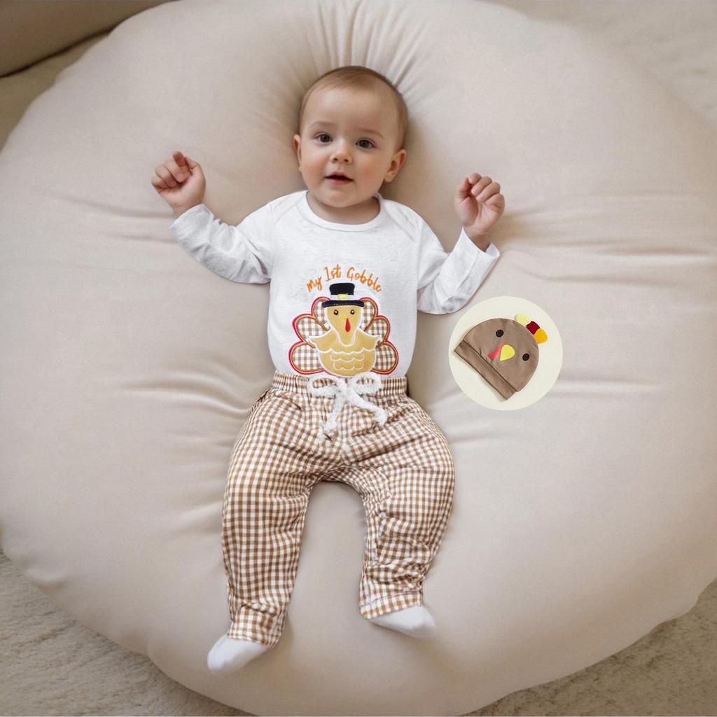 Infant & Toddler Thanksgiving Turkey Romper Set: Plaid Pants & Hat Included