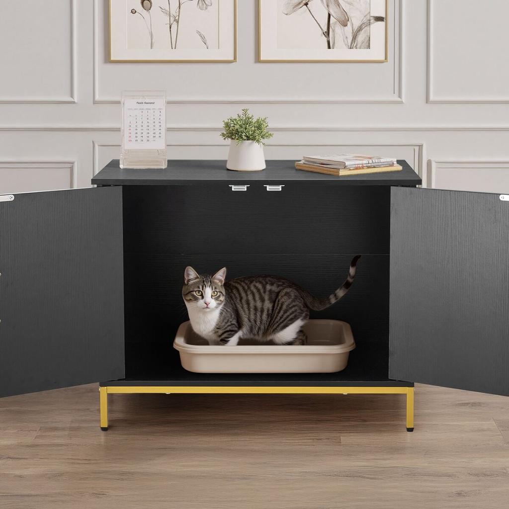 Cat Litter Box Enclosure Furniture, 70 cm Hidden Litter Box Cabinet with Metal Legs & Handle, Modern Style Cat Washroom House End Table, Fit Most of