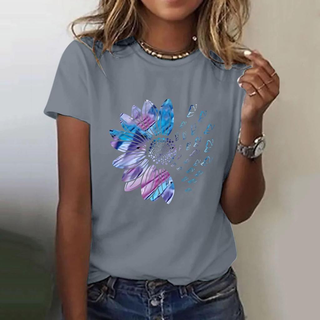 Женская повседневная футболка с короткими рукавами и круглым вырезом с цветочным принтом Топ