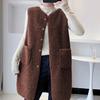 Fall Winter Women Vest Coat Round Neck Loose Mid Length Sleeveless Single-breasted Pockets Cardigan Warm Thick