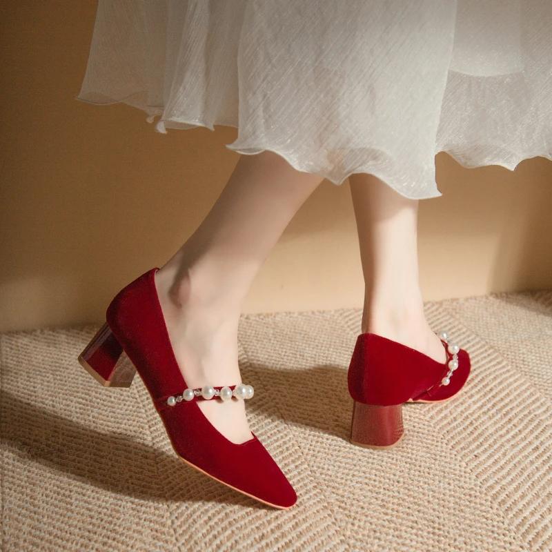 Fashion Red Suede Women's Pumps 2024 New Korean Style Fashion Beaded Women Single Shoes Comfortable Chunky Heel Wedding Bridal Shoes