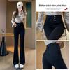 High-Waist Black Plush Flared Pants for Women - Slim-Fitting, Elastic, Avocado Color, Ideal for Autumn/Winter.