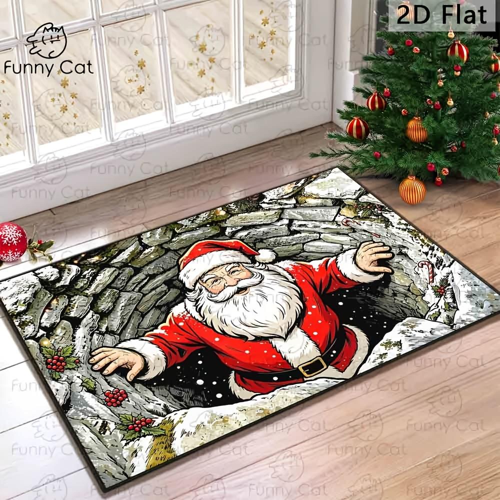 Optical Illusion Christmas Rug Suitable for Porch, Entryway & Balcony - Santa Claus Snow Scene with Holly Berry Candy Cane Pattern, Machine Washable I